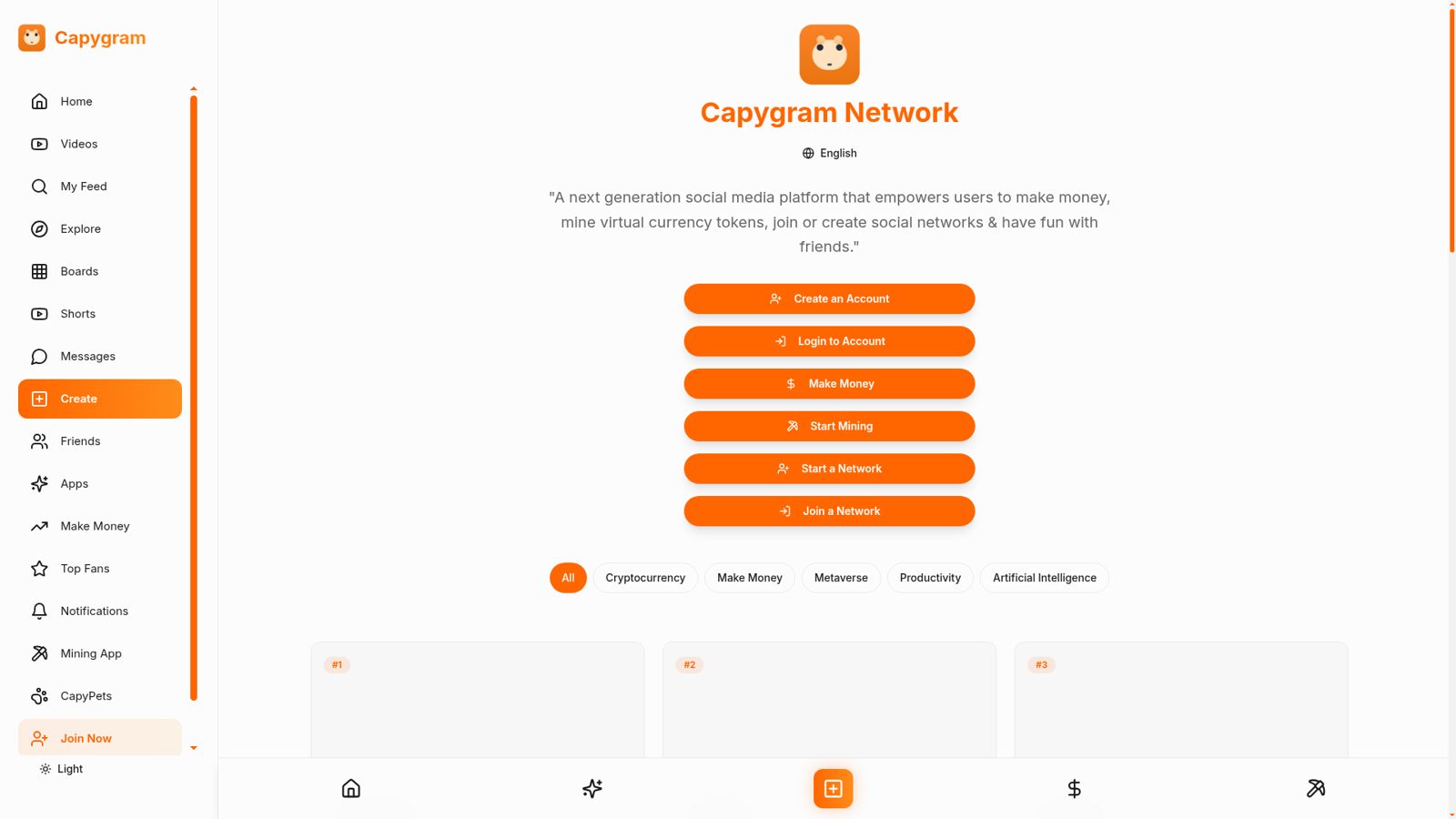 Screenshot of the Capygram.com social platform homepage showing its mining and app menu