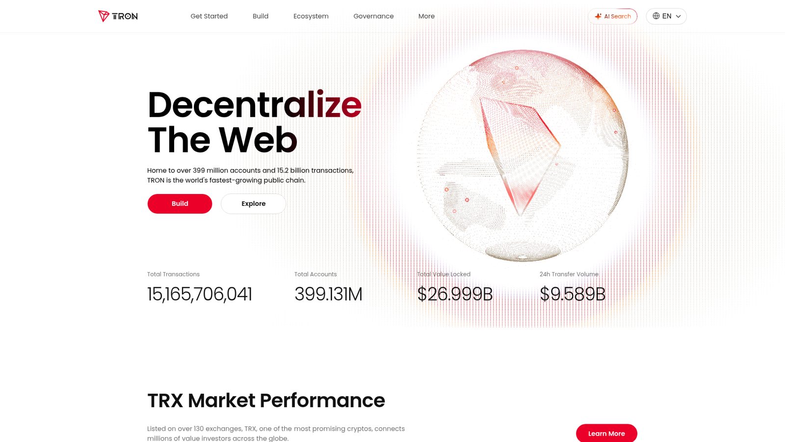 Screenshot of the Tron network official website homepage