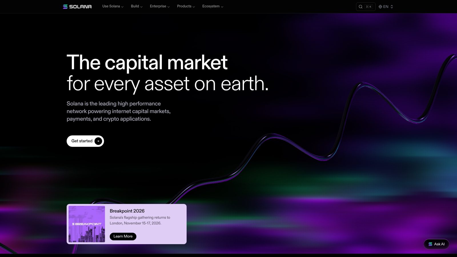 Screenshot of the official Solana.com website homepage