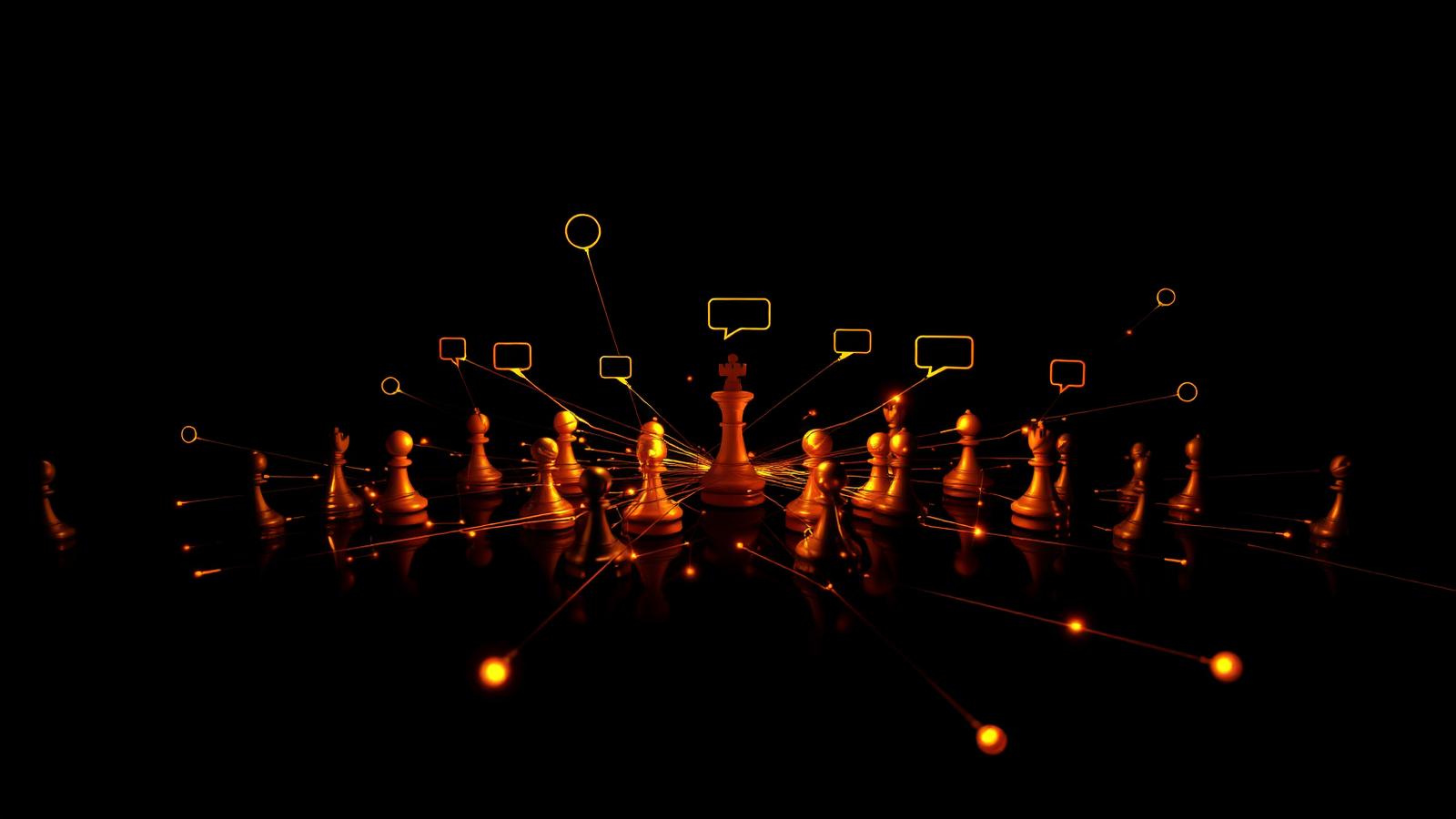 Golden chess pieces connected by glowing lines and speech bubbles on a dark board