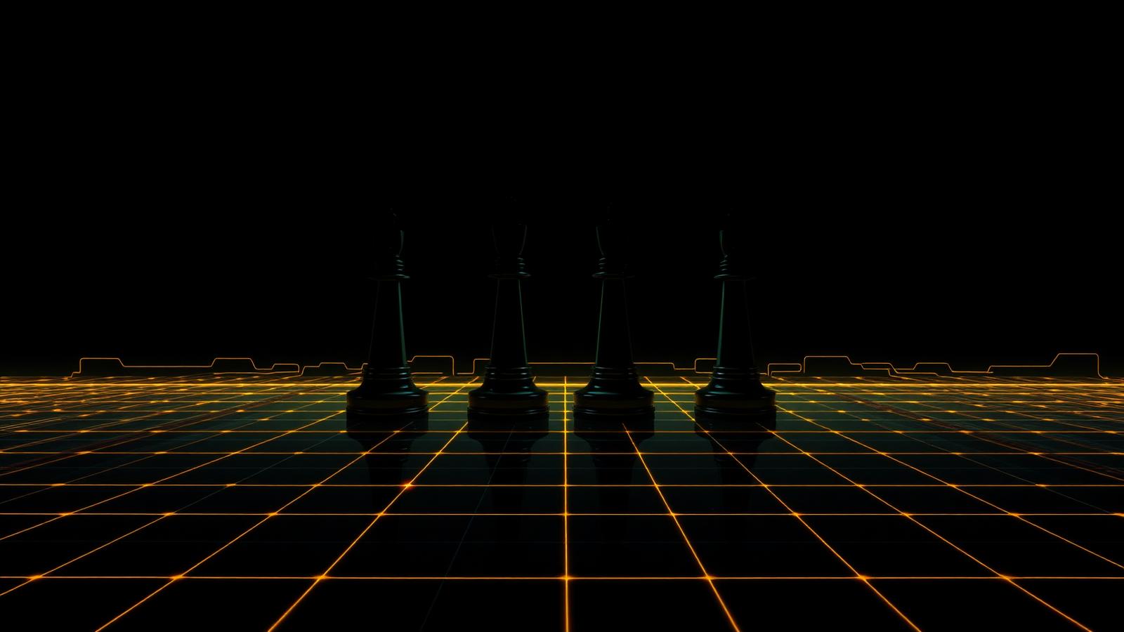 Four dark chess rooks standing on a glowing golden grid horizon